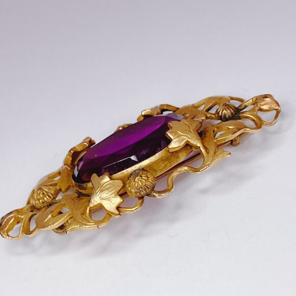 Antique Art Nouveau Gold Tone Ivy Vine Brooch Purple Glass Edwardian 1900s Pin - Picture 7 of 14